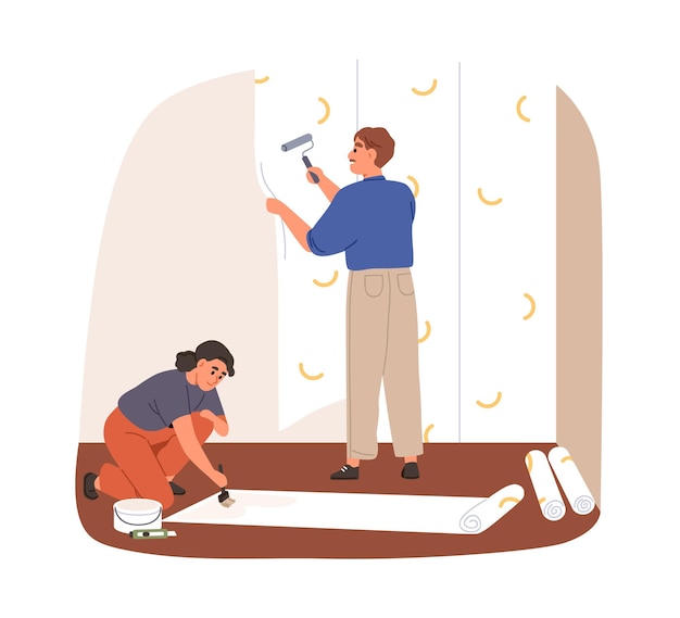 Couple décorant la maison avec du papier peint réparation intérieure Équipe de travailleurs appliquant un nouveau revêtement mural avec de la colle et du rouleau lors de la rénovation de la maison Illustration vectorielle plate isolée sur fond blanc