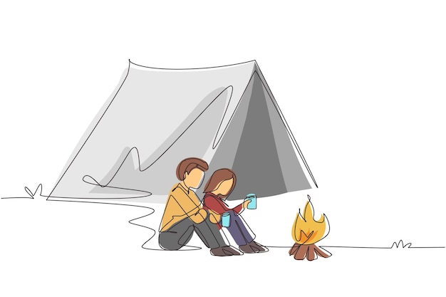 Couple Dessinant Une Ligne Continue Assis Sur Le Sol Près D'un Feu De Joie Vecteur De Camping Romantique Actif