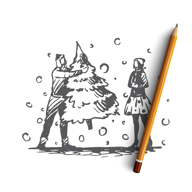 Couple Dessiné à La Main Avec Arbre De Noël