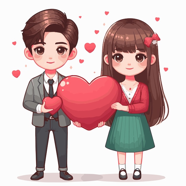 Vecteur couple de dessins animés chaleureux de la saint-valentin avec le vecteur du cœur rouge