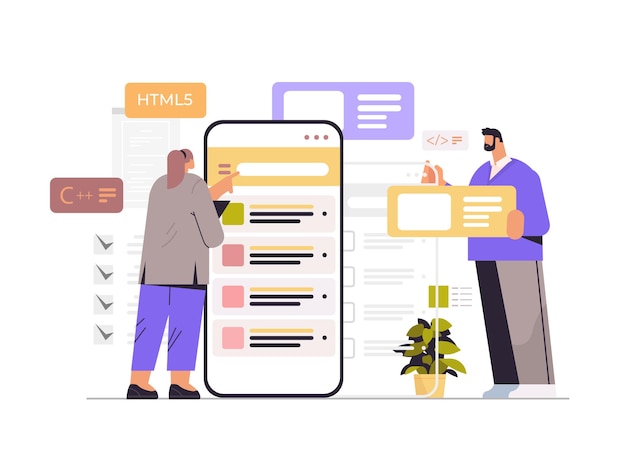 Couple De Développeurs Web Créant Un Code De Programme Sur Un écran De Smartphone Développement De Logiciels Et Concept De Programmation Illustration Vectorielle Horizontale Pleine Longueur