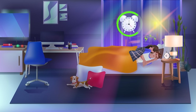 Couple dormant dans son lit avec réveil chambre à coucher moderne intérieur pleine longueur horizontale