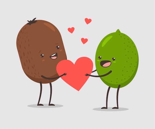 Vecteur couple drôle de kiwi et de citron vert avec coeur