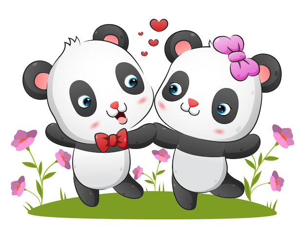 Le Couple Du Panda Kawaii Danse Avec L'expression Heureuse Dans L'illustration Du Parc