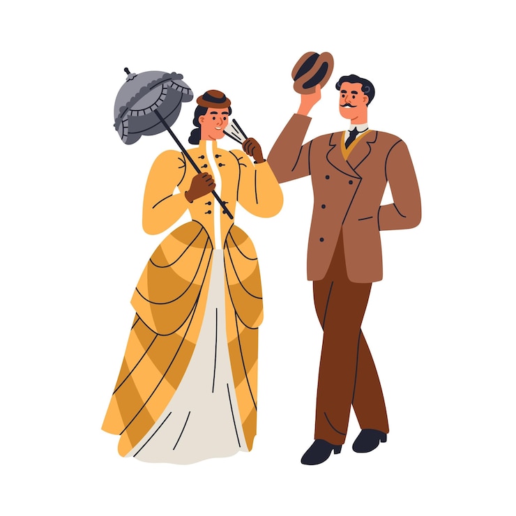 Vecteur couple du xviiie siècle, homme et femme nobles, aristocrates du xixe siècle, gentleman en chapeau et dame avec parapluie et robe de style victorien, illustration vectorielle plate isolée sur fond blanc.