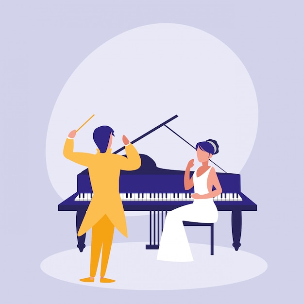 Couple élégant jouant un personnage d'avatar au piano