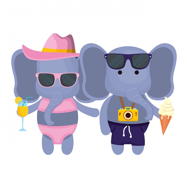 Couple D'éléphants Avec Appareil Photo Et Cocktail