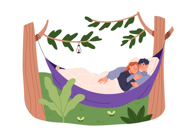 Un couple endormi dans un hamac entre des arbres dans la nature Un homme et une femme heureux dormant se relaxant à l'extérieur s'embrassant en vacances Une illustration vectorielle graphique plate isolée sur fond blanc