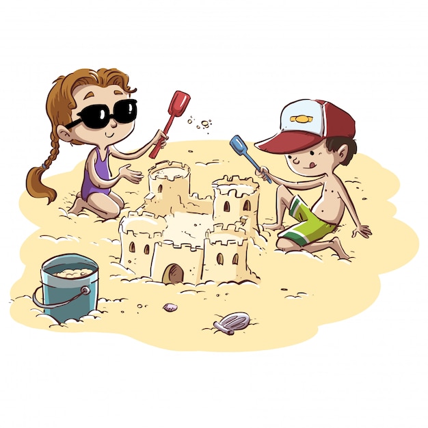 Vecteur couple d'enfants faisant des châteaux sur la plage