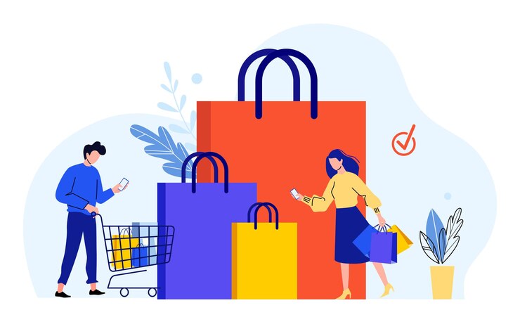 Vecteur couple faire du shopping concept homme et femme faisant des achats en ligne via smartphone homme de dessin animé avec chariot plein de colis