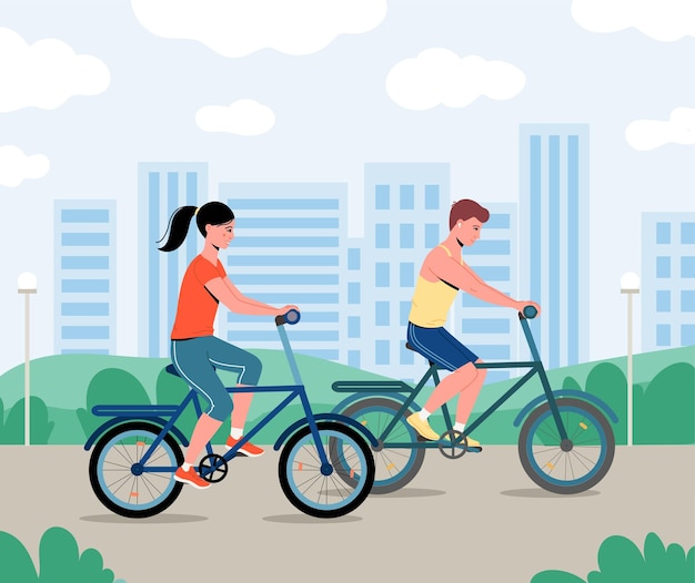 Un couple fait du vélo sur le fond du paysage urbainxUn homme et une femme passent du temps à l'extérieur