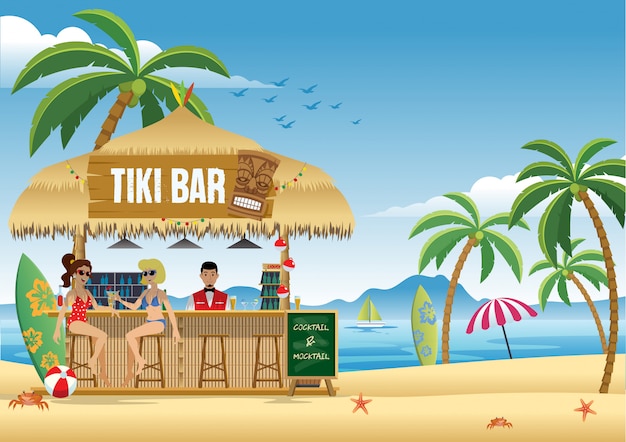 Couple, Fille, Apprécier, été, à, Les, Tiki, Bar