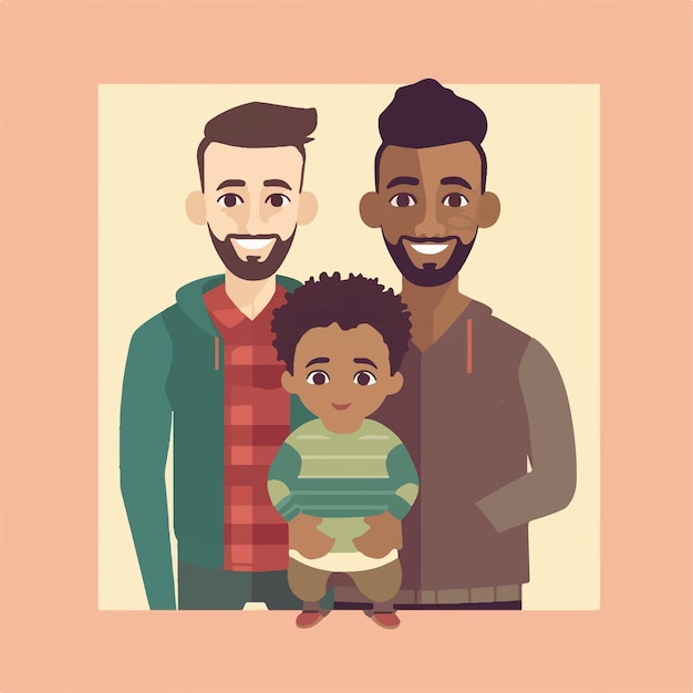 Vecteur couple gay interracial avec leur enfant design plat