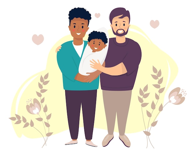 Couple gay mâle adoptant bébé Deux hommes tenant un enfant nouveau-né Heureuse famille LGBT avec un fils aby
