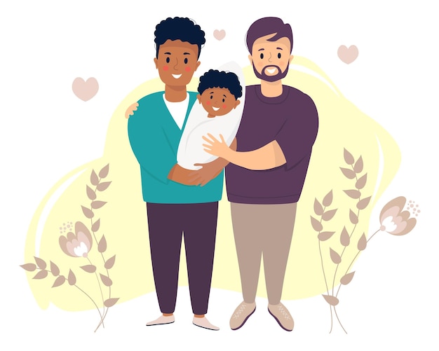 Vecteur couple gay mâle adoptant bébé deux hommes tenant un enfant nouveau-né heureuse famille lgbt avec un fils aby