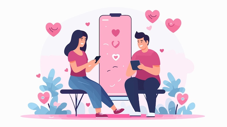 Vecteur un couple de geeks amoureux qui envoient des sms en portant des vêtements roses