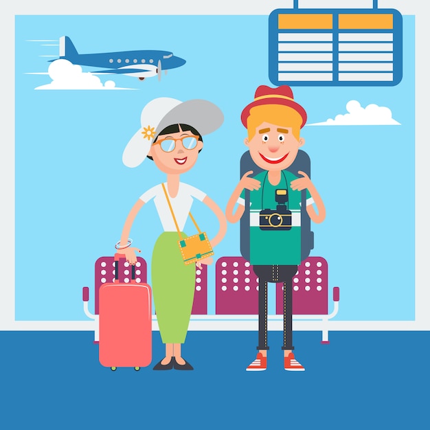 Couple heureux en attente de départ pour les vacances à l'aéroport. Illustration vectorielle