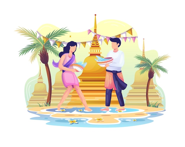 Vecteur un couple heureux célèbre le festival de songkran en éclaboussant de l'eau les uns sur les autres illustration