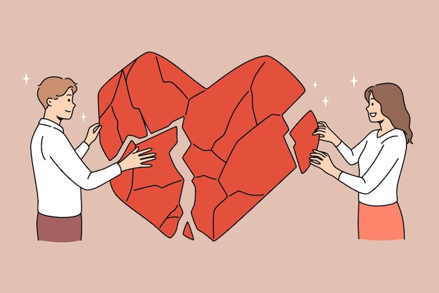Un couple heureux connecte d'énormes morceaux de cœur pour surmonter les problèmes relationnels L'homme et la femme font la paix ou se réconcilient après une séance de conseil familial ou de psychologie réussie Illustration vectorielle