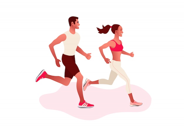 Couple heureux en cours d'exécution. Homme et femme sur le jogging du matin. Mode de vie actif et sain.