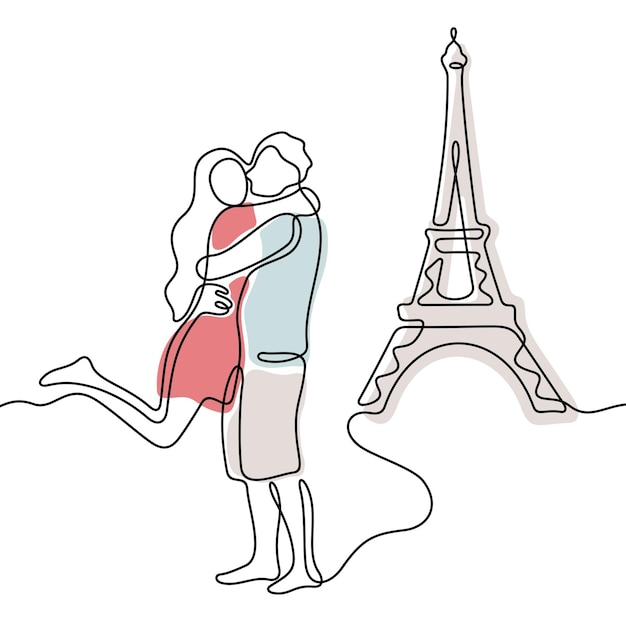 Vecteur couple heureux devant la tour eiffel illustration vectorielle colorée en ligne continue