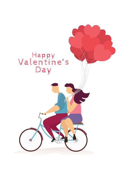 Couple Heureux Est Charmant à Bicyclette Et Ballons De Coeur Dans La Fête De La Saint-valentin