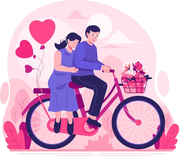 Vecteur un couple heureux fait du vélo ensemble un homme et une femme profitent d'une promenade romantique à vélo avec des ballons en forme de cœur joyeux jour de la saint-valentin