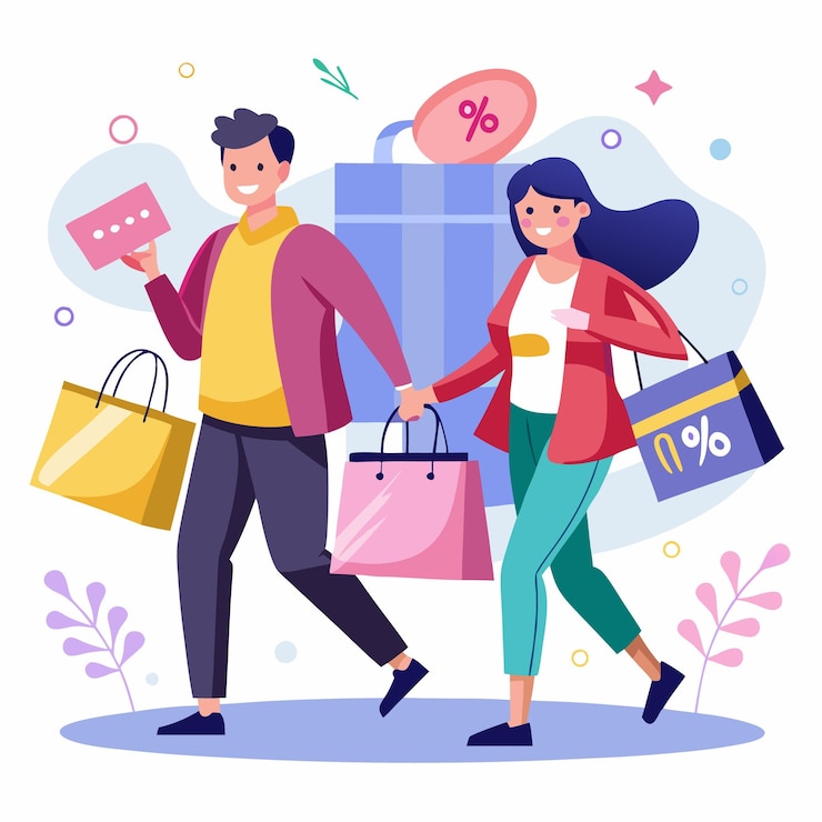 Vecteur un couple heureux fait ses courses avec des réductions et des ventes