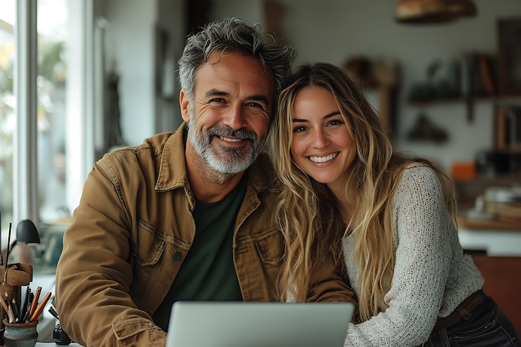 Vecteur un couple heureux qui travaille à domicile