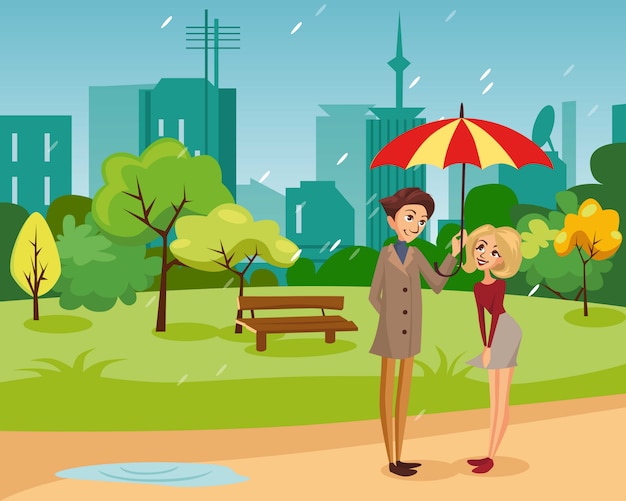 Couple Heureux Sous Un Grand Parapluie Rayé Marchant Dans Le Parc, Illustration De Dessin Animé De Concept De Temps Pluvieux