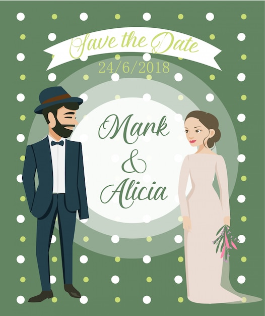 Vecteur couple de hipster smilling ensemble sur la carte d'invitations de mariage