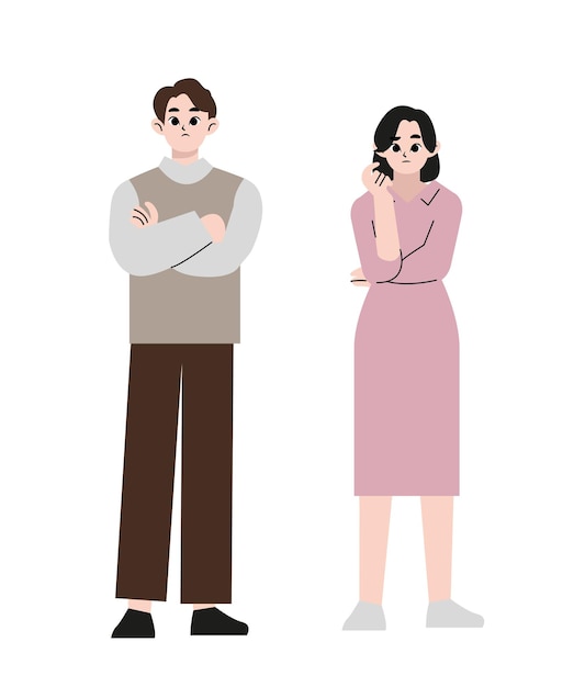 Couple D'homme Et De Femme Ayant Une Question. Personnages Masculins Et Féminins Debout Dans Une Pose Réfléchie Ho