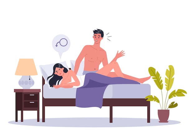 Couple d'homme et femme couchée dans son lit. de problème sexuel ou intime entre partenaires romantiques. Dysfonctionnement sexuel et incompréhension de comportement.