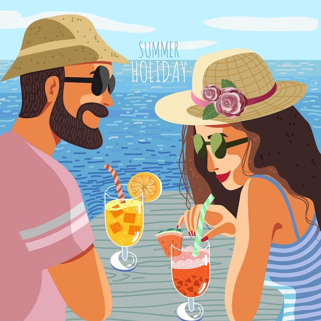 Vecteur couple, homme femme, dans, chapeaux, et, lunettes soleil, sur, a, fond, de, bleu, mer, boisson, fruit, cocktail