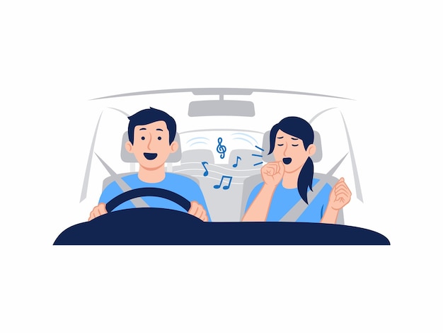 Couple homme et femme s'amusant à conduire un voyage en voiture karaoké chantant à l'intérieur d'une voiture