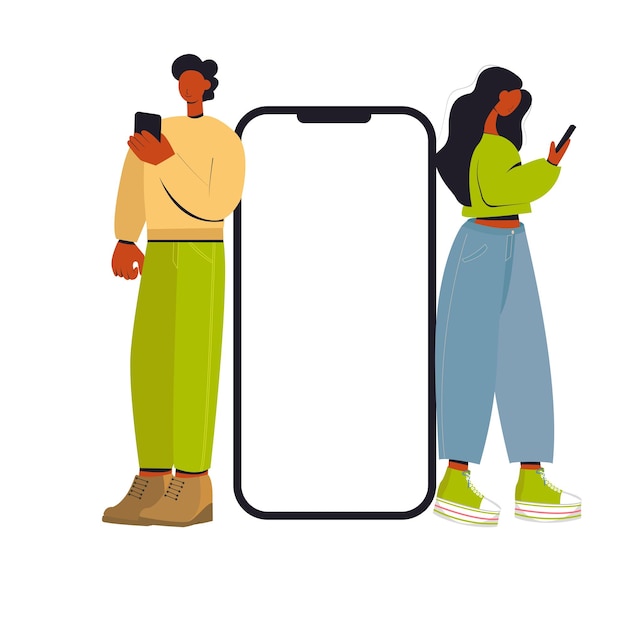 Un Couple Un Homme Et Une Femme Avec Un Smartphone. Un écran Vide. Un Modèle D'écran D'application Mobile