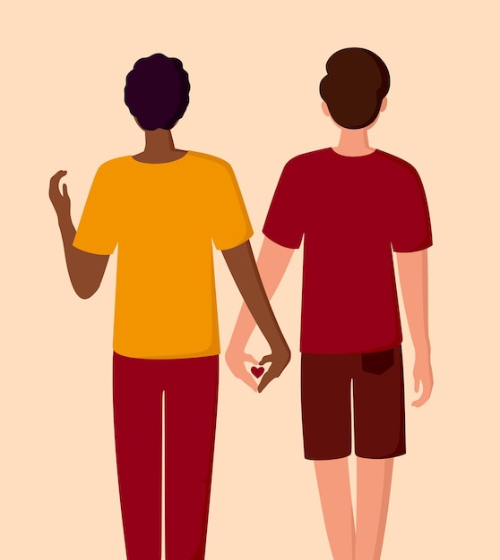 Vecteur un couple homosexuel interracial des hommes se tenant la main la communauté lgbt et le concept de l'amour