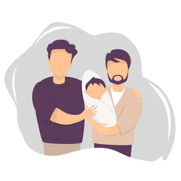 Vecteur couple homosexuel masculin adoptant un bébé deux hommes heureux tenant un nouveau-né heureuse famille lgbt