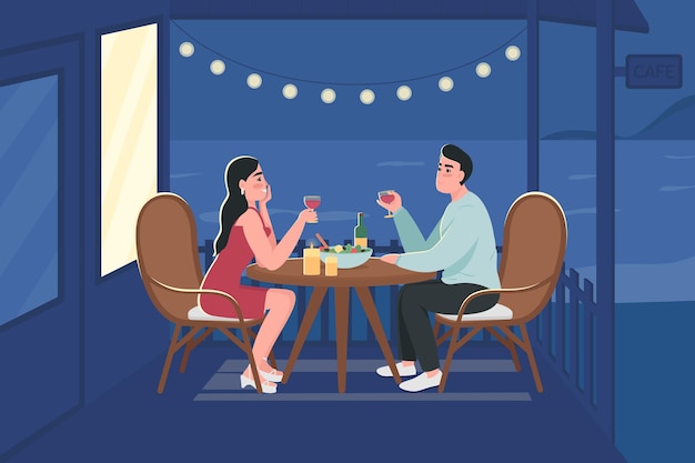 Couple Sur L'illustration De Couleur Plate De Date De Nuit Romantique. Amoureux Assis à Table Avec Vin Et Dîner