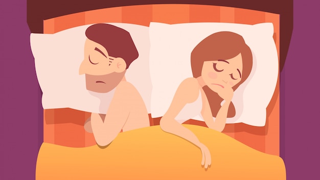 Couple Insatisfait Au Lit, Illustration De Dessin Animé.