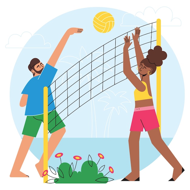 Vecteur couple jouant au beach-volley