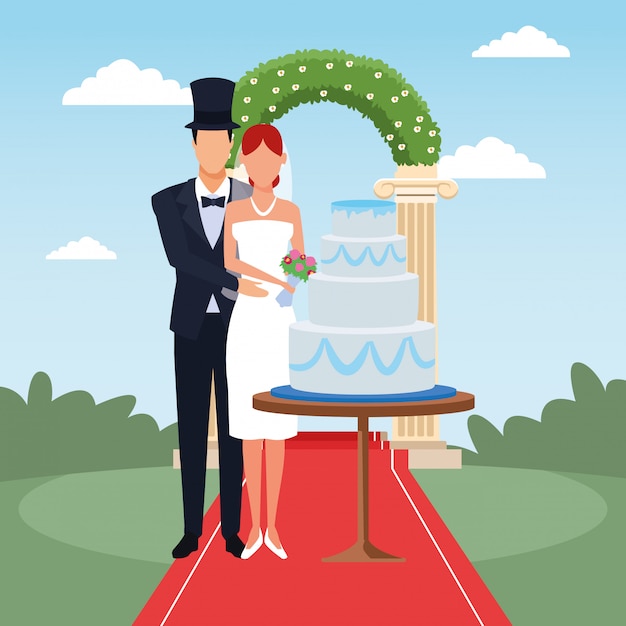 Vecteur couple juste marié debout avec gâteau de mariage et arc floral autour