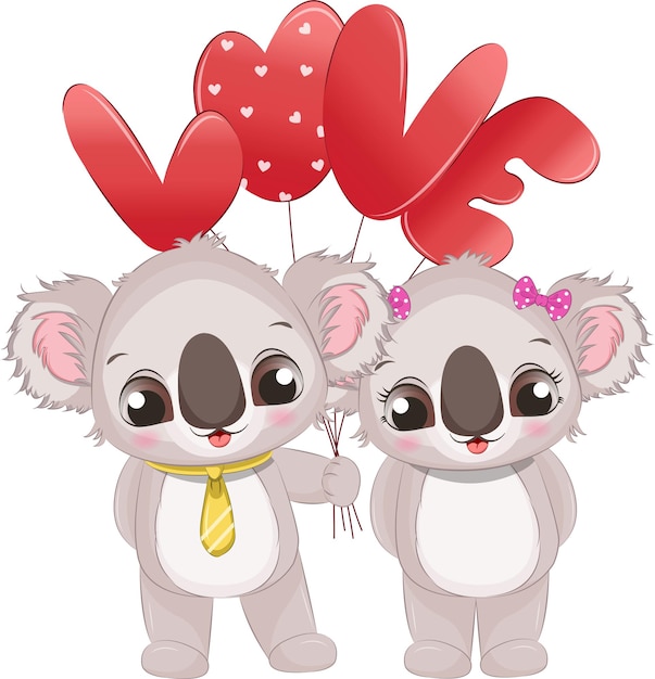 Vecteur couple de koala de dessin animé avec vecteur de ballon d'amour