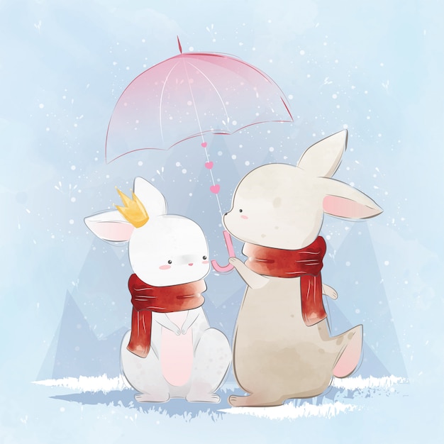 Vecteur couple de lapin sous un parapluie