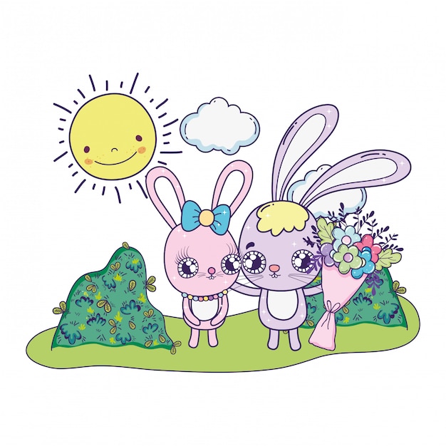 Couple De Lapins Mignons Avec Des Fleurs Saint Valentin