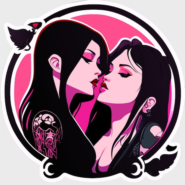 Vecteur couple de lesbiennes amoureuses dessinées à la main plate autocollant de dessin animé élégant concept d'icône illustration isolée