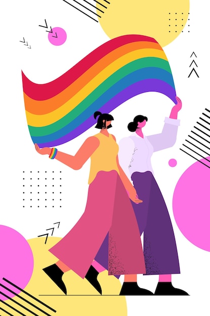 Vecteur couple de lesbiennes tenant un drapeau arc-en-ciel transgenres amour communauté lgbt concept illustration vectorielle verticale pleine longueur