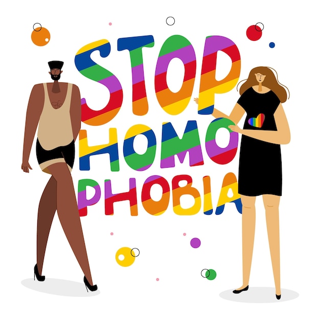 Vecteur le couple lgbtq homme et femme près de la phrase arc-en-ciel lettrage stop homophobia