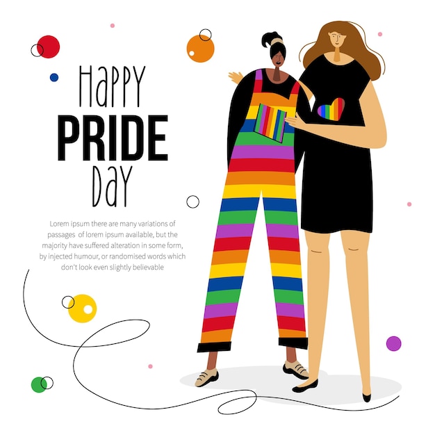 Vecteur le couple lgbtq womans et la phrase happy pride day ils célèbrent le défilé lgbt du mois de la fierté