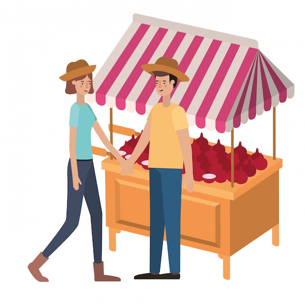 Vecteur couple en magasin kiosque avec personnage avatar de légumes